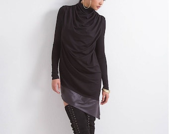 Faux Leather Tunic, Black Woman Tunic, Long Sleeve Tunic, Asymmetrical Tunic, Turtleneck Tunic, Sexy Black Tunic