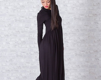 Long Black Dress, Long Sleeve Dress, Winter Clothing, Black Maxi Dress, Jersey Dress, Plus Size Clothing, Turtleneck Dress,Winter Maxi Dress