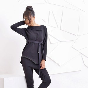 Asymmetric Top, Womens Clothing, Black Cotton Blouse image 1