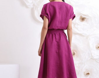 Linen Apron Dress, Magenta Dress With Pockets, Midi Summer Dress, Trendy Linen Clothing, midi shirt dress by Friends Fashion