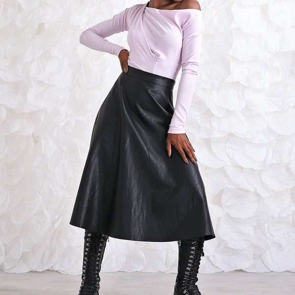 Faux Leather Skirt, High Waisted Skirt, Midi Eco Leather Skirt, Plus Size Clothing, Goth Skirt, Vampire Skirt, Loose Skirt, Evening Skirt