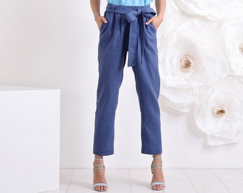 Tapered Linen Pants, Linen Trousers, Loose Capri Pants with Tie Belt, Plus Size Linen Clothing by Friends Fashion