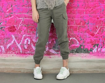 Linen Cargo Trousers, Casual Summer Pants, Green Cargo Pants, Linen Elastic Waist Pants, Trendy Linen Clothing, Spring Pants, Women Pants