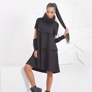 Extravagant Dress, Turtleneck Dress, Sweater Dress, Black Dress, Extravagant Clothing, Futuristic Dress, Winter Dress, Goth dress