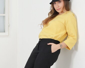 Yellow Linen Shirt, Basic Linen Top, Washed Linen Blouse, Spring Woman Loose Casual Top