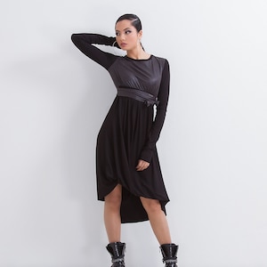 Faux Leather Dress For Women, Midi Dress, Extravagant Dress, Cocktail Dress, Black Long Sleeve Dress, Cocktail Party Dress, Steampunk Dress