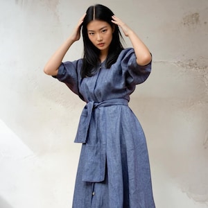 Japanese Kimono Linen Dress – Wrap Style Summer Robe, Travel Linen Clothing