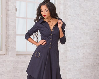 Sexy Cocktail Dress, Women Shirt Dress, Valentines Party Dress, Asymmetrical Dress, Navy Blue Dress, Occasion Dress, Button Dress, Elegant