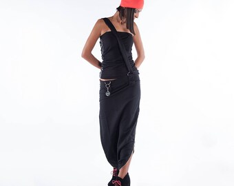 DARK GRAY Asymmetrical Skirt, Loose Long Skirt, Zip Harem Skirt, Casual Extravagant Skirt With Accessories