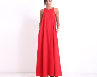 Ravishing Red Cocktail Dress: Long Linen Summer Maxi for Bridesmaids Plus Size