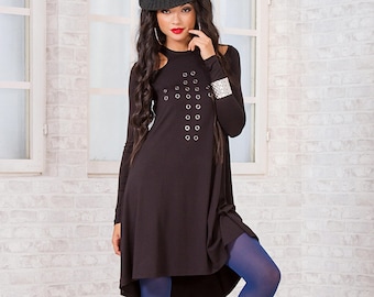 Off-Shoulder Black Tunic Dress: Handmade Jersey Kaftan with Metal Rings