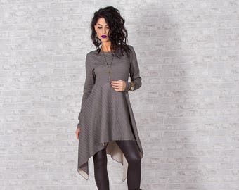 Woman Tunic, Long Sleeve Tunic Dress, Asymmetrical Tunic, Gray Melange Tunic, Elegant Cotton Tunic