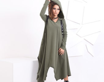 Kleid mit Kapuze, Winterkleid, Elfen-Kleidung, asymmetrisches Kleid, Kleidung in Übergröße, Woodland-Kleid, Khaki-Kleid, Urbane Kleidung, lange Ärmel