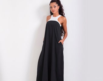 Long Summer Dress, Maxi Black Withe Dress, Sleeveless Casual Dress, Loose Dress