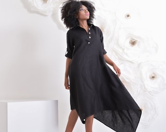 Robe en lin pour femme, Robe en lin noire, Vêtements grande taille, Robe chemise noire, Robe en lin grande taille, Robe chemise en lin, Vêtements en lin