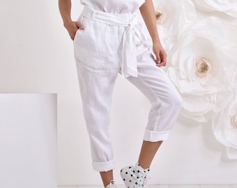 Linen Pants, White Loose Pants, Tapered Pants, Womens Linen Clothing