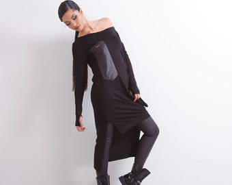 Asymmetrical Tunic/ Extravagant Black Tunic/ Long Sleeve Tunic/ Tunic With Pocket/ Modern Design Tunic/ Friends Fashion