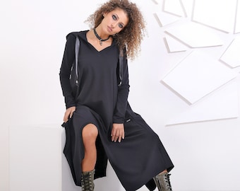 Black Hooded Dress, Oversized Tunic Dress, Cape Witch Gothic Grunge Outerwear, Long Asymmetrical Dress With Pockets