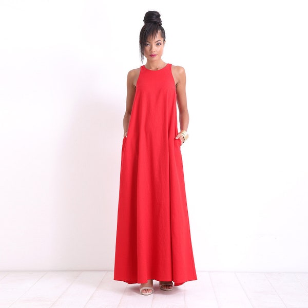 Leinenkleid, Maxikleid für Frauen, rotes Cocktailkleid, Leinen Maxikleid, Leinenkleidung, rotes Kaftankleid, ärmelloses Kleid, langes Leinenkleid