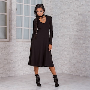 Black Dress, Midi Dress, Cotton Dress, Long Sleeve Dress, Plus Size Clothing, Cocktail Dress, HOCO Dress, Evening Dress, Chocker dress