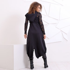 Black Cotton Hoodie Dress: Sleeveless Asymmetric Maxi Vest