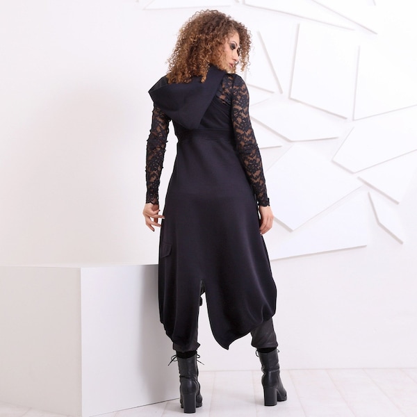 Schwarzes Hoodie-Kleid, Ärmelloser Hoodie, Übergröße Kleidung, Winter Hoodie-Kleid, schwarzes Baumwoll-Maxi-Kleid, Kapuzenkleid, Asymmetrisches Kleid