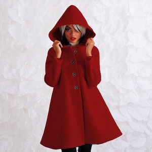 Red Boiled Wool Swing Coat: Bordeaux Hooded Winter Overcoat