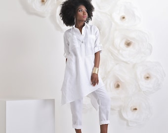 Linen Tunic And Pants Set, Women Linen Outfit, White Linen Set, Linen Clothing, Linen Suit, Plus Size Clothing, Linen Pants Set, Minimalist