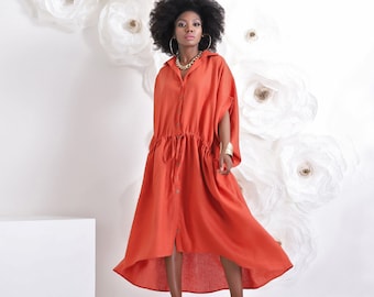 Linen Maxi Dress, Plus Size Kaftan Dress, Midi Dress, Linen Clothing, Orange Linen Dress, Kaftan Linen Dress, Orange Spring Clothing,