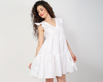 Short Linen Dress JASMINE. Linen Summer Dress with Wings Sleeves, Maternity Short Dress
