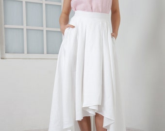 White Linen Skirt Maxi Flax Skirt Long Asymmetrical Skirt with Pockets Full circle skirt loose summer skirt by FriendsFashion