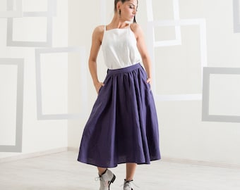 Linen Skirt With Pockets SONYA, Midi Linen Skirt, Summer Aline Skirt, Plus Size Clothing