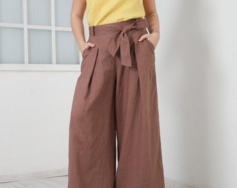 Woman Linen Pants with Tie Belt, Linen Palazzo Pants, Wide Leg Trousers, High Waisted Pants with Ribbon, Urban Streetwear by FriendsFashion