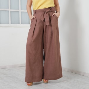 Woman Linen Pants with Tie Belt, Linen Palazzo Pants, Wide Leg Trousers, High Waisted Pants with Ribbon, Urban Streetwear by FriendsFashion