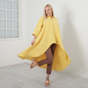 Washed Linen Tunic,  Long Linen Button Shirt, Plus Size Clothing