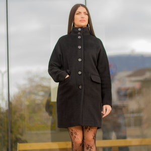 Cashmere Coat, Black Wool Coat, High Collar Coat, Wool Winter Coat, Trendy Winter Coat, Black Warm Coat, Plus Size Clothing, Friends Fashion