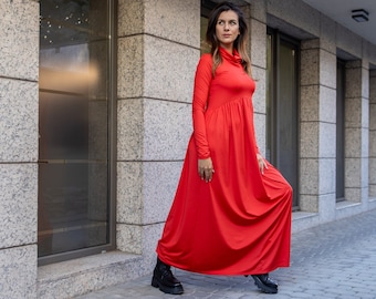 Red Turtleneck Maxi Dress - Long Sleeve Plus Size Kaftan, Romantic Extravagant Burqa Style