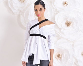 Weiße Asymmetrische Tunika, Button-Down-Hemd, Plus Size Kleidung
