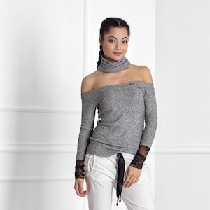 Turtleneck Blouse, Off Shoulder Blouse, Gray Sexy Top, Woman Cotton Blouse, Elegant Lace Blouse by Friends Fashion