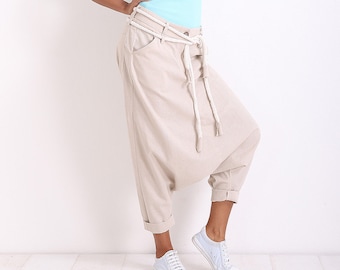 Extravagant Pants/ Linen Pants/ Harem Pants/ Drop Crotch Pants/ Beige Pants/ Summer Pants/ Casual Pants/ Linen Capris/ Friends Fashion