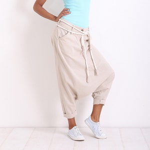 Extravagant Pants/ Linen Pants/ Harem Pants/ Drop Crotch Pants/ Beige Pants/ Summer Pants/ Casual Pants/ Linen Capris/ Friends Fashion