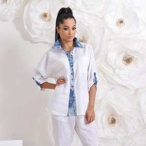 Summer White Linen Blouse, Plus Size Clothing, Button Shirt
