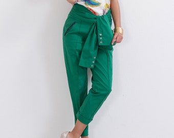 Casual Pants/ High Waist Pants/ Green Pants/ Drop Crotch Pants/ Crepe Pants/ Loose Pants/ Straight Leg Pants/ Midi Pants/ Friends Fashion