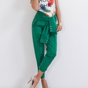 Casual Pants/ High Waist Pants/ Green Pants/ Drop Crotch Pants/ Crepe Pants/ Loose Pants/ Straight Leg Pants/ Midi Pants/ Friends Fashion image 1