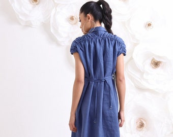 Linen Dress with belt, Maxi Casual Dress, Summer Denim Color Dress, Loose Linen Clothing