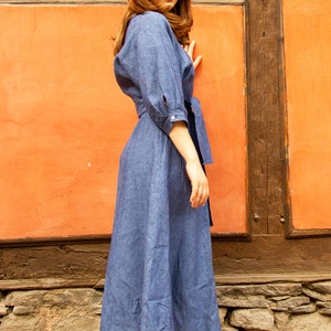 Denim linen dress, long loose dress, wrap dress, belted linen dress, summer long sleeve dress, linen clothing by Friends Fashion image 2