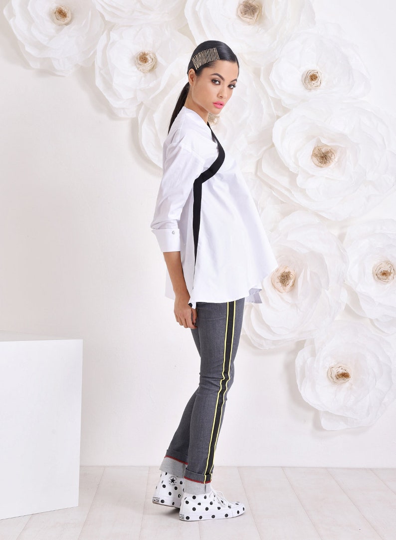 White Asymmetrical Tunic, Button Down Shirt, Plus Size clothing
