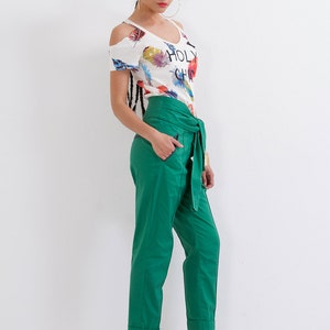 Casual Pants/ High Waist Pants/ Green Pants/ Drop Crotch Pants/ Crepe Pants/ Loose Pants/ Straight Leg Pants/ Midi Pants/ Friends Fashion image 7