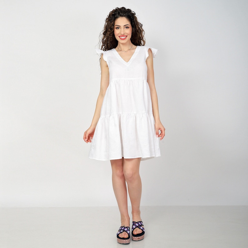 Short Linen Dress JASMINE. Linen Summer Dress with Wings Sleeves, Maternity Short Dress image 4