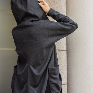 NEW Black Hooded Extravagant Warm Coat / Quilted Lined Cotton Jacket / Outside Asymmetric pockets